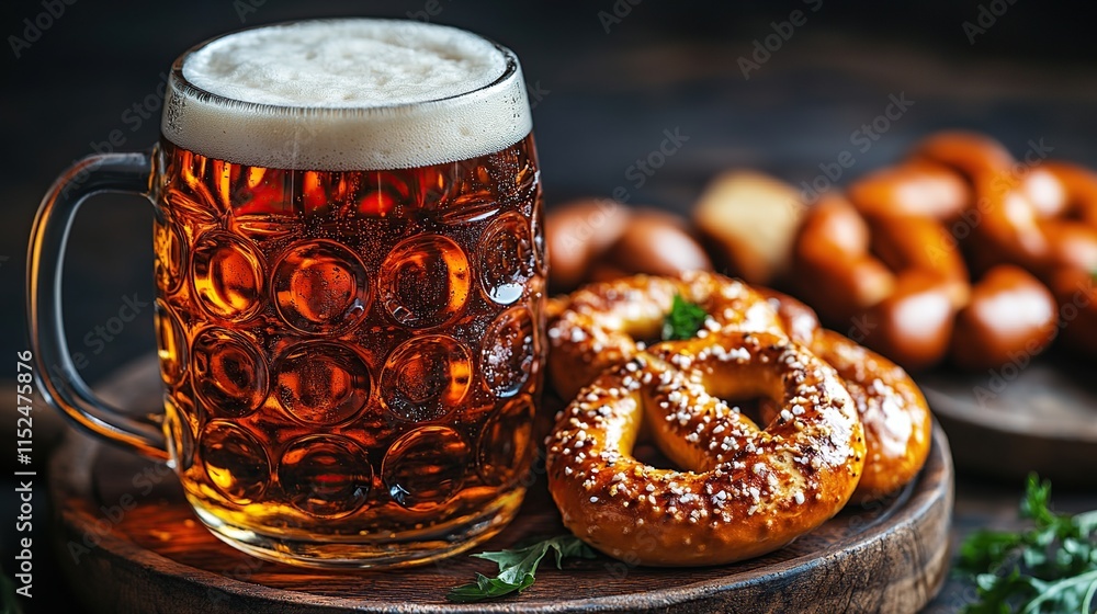A glass of beer with pretzels on a wooden board. A glass of beer with pretzels on a wooden board.