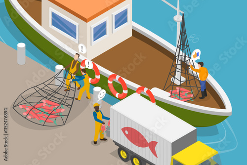 3D Isometric Flat Vector Illustration of Commercial Fishing Industry, Net Fishery Ship