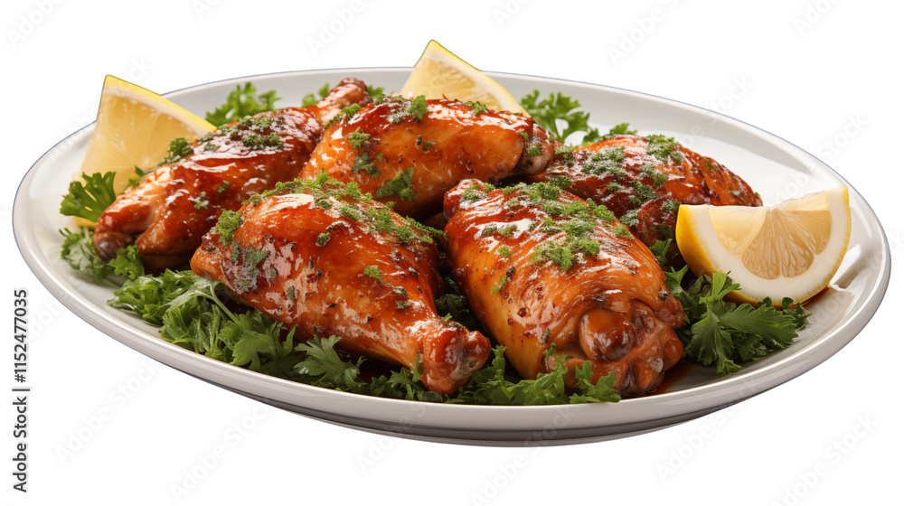 Juicy chicken drumsticks seasoned with spices, served with lemon wedges and parsley for a zesty flavor, studio view, isolated on transparent background. Juicy chicken drumsticks seasoned with spices, served with lemon wedges and parsley for a zesty flavor, studio view, isolated on transparent background.