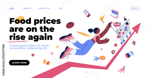 A black girl holds onto a shopping basket with goods. Rising food price inflation. The economic crisis.