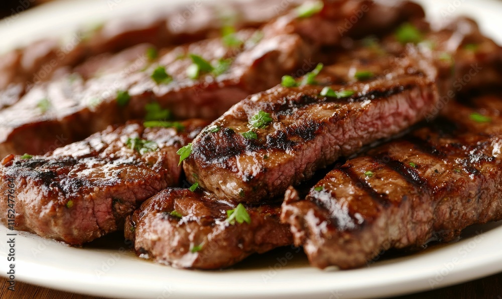 Grilled meat dish is served on a white plate Grilled meat dish is served on a white plate