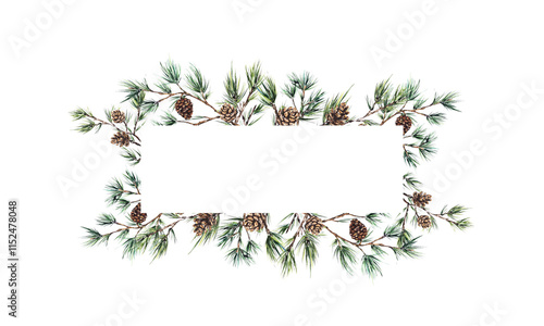 Watercolor pine branches with cones forming a natural frame isolated ecological, copy space. Perfect for holiday cards, invitations, posters, or seasonal designs with a rustic and elegant feel.