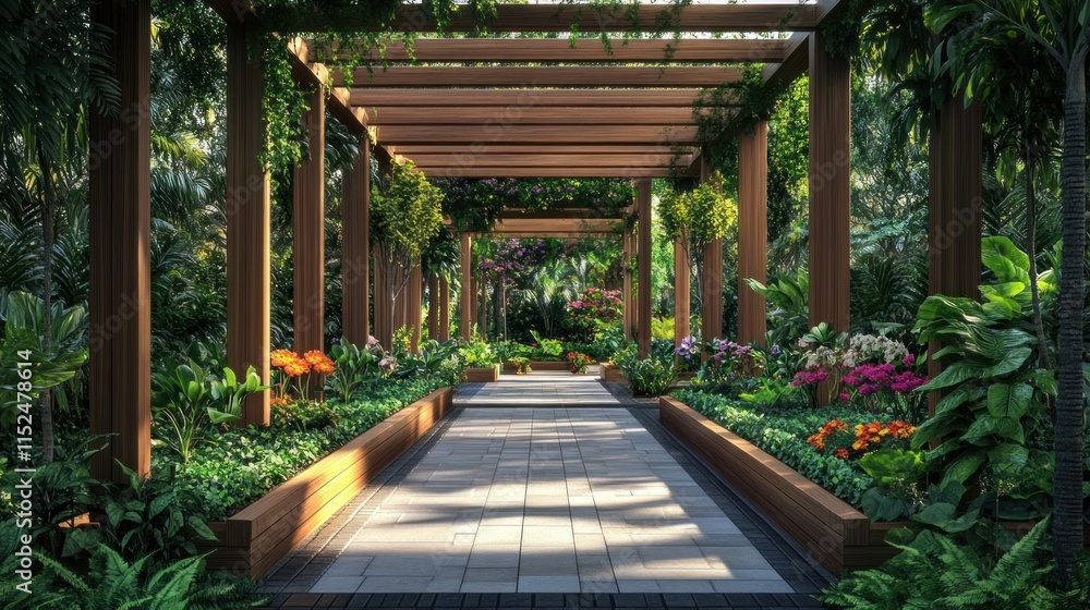 Obraz premium Tranquil garden path under wooden pergola.