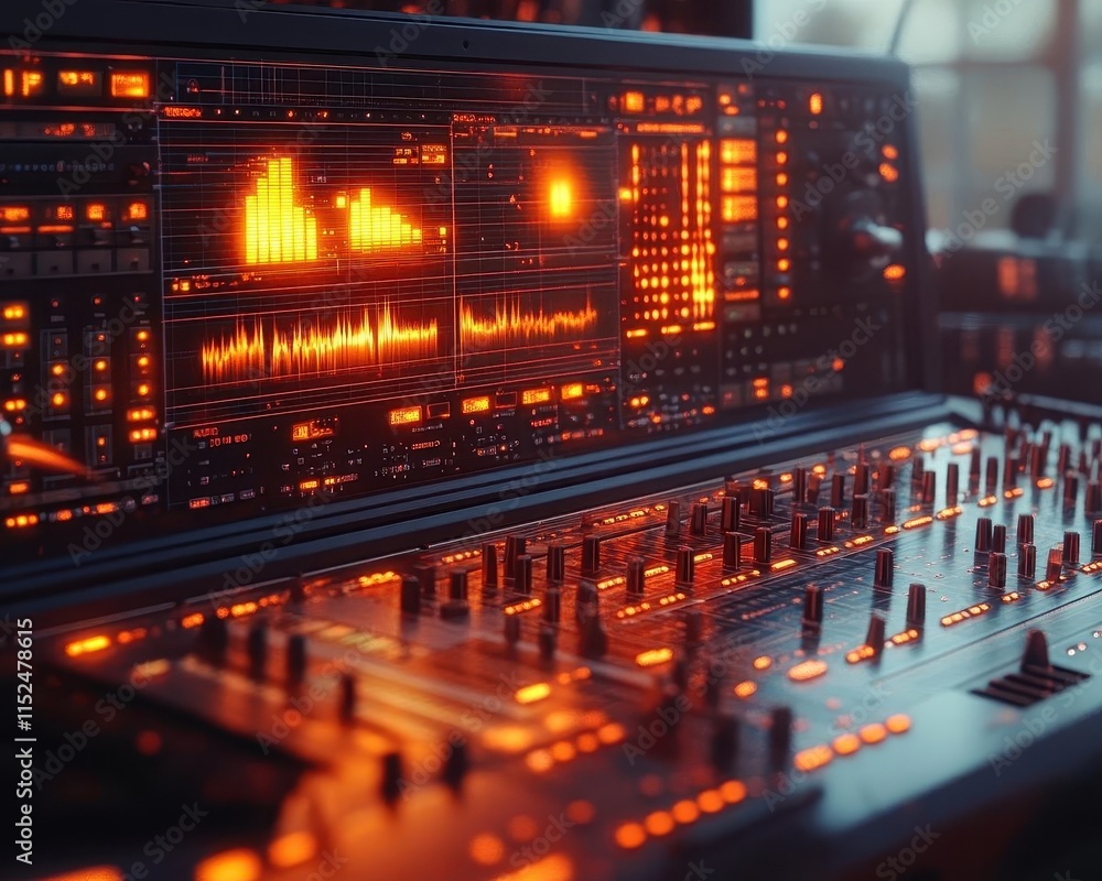 Fototapeta premium A bright recording room where glowing tools display realtime adjustments to harmonies, blending perfectly with the vocalist s tone
