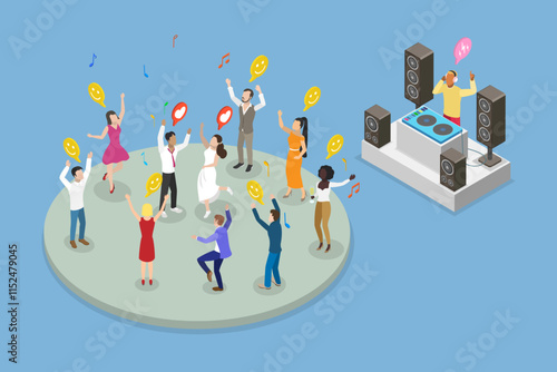 3D Isometric Flat Vector Illustration of Wedding Dancing, DJ Mixing Tracks