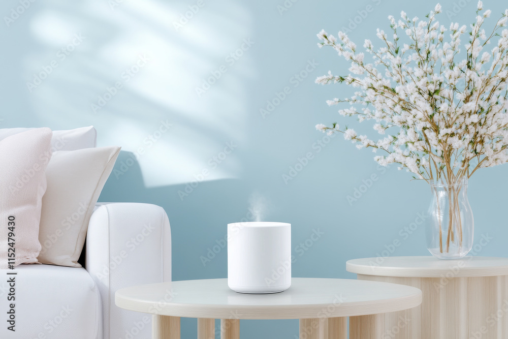 A technological device for the home on a table in a living room at home. Generative AI A technological device for the home on a table in a living room at home. Generative AI