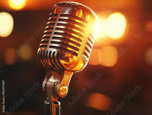 A glowing microphone in a sunlit studio, capturing the artist s soulful melody as they perform photo