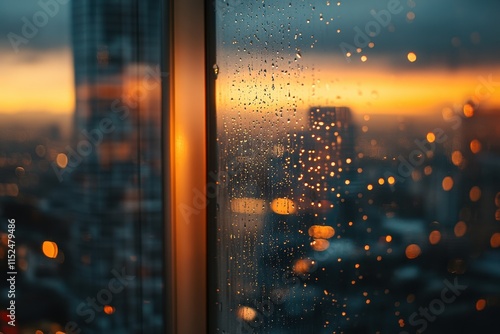 Rainy city sunset viewed through a window.