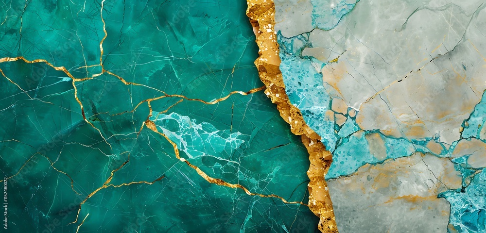 Elegant marble showcasing a broad golden split, one side in emerald tones and the other in shimmering turquoise hues Elegant marble showcasing a broad golden split, one side in emerald tones and the other in shimmering turquoise hues