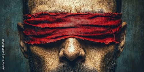 A striking close-up of a man with a textured red blindfold covering his eyes, symbolizing censorship, oppression, or introspection in a gritty, detailed style.