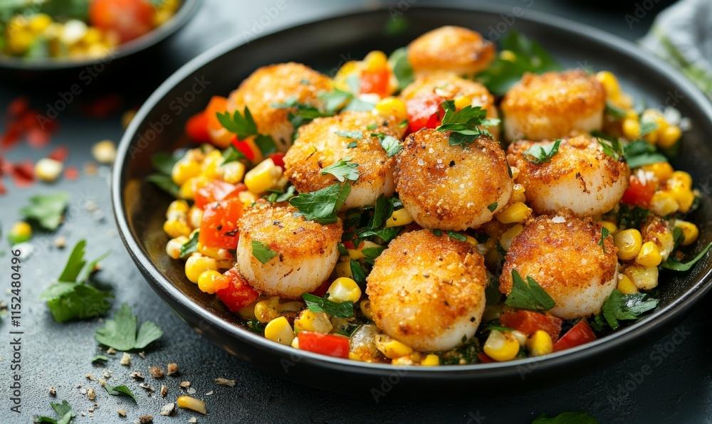 Delicious fried scallops with corn succotash Delicious fried scallops with corn succotash