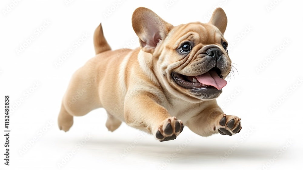 Obraz premium Full length shot of beige bulldog running and jumping isolated on white background