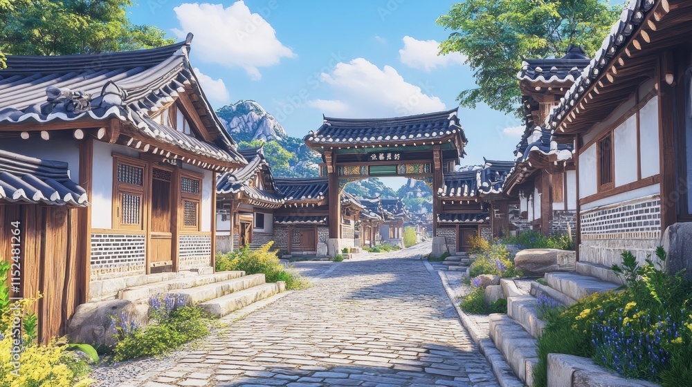 Sunny day in a traditional Korean village with stone road, houses, arch, and mountains. Sunny day in a traditional Korean village with stone road, houses, arch, and mountains.