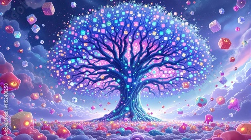 Enchanted tree adorned with colorful cubes in a dreamy landscape. Generative AI