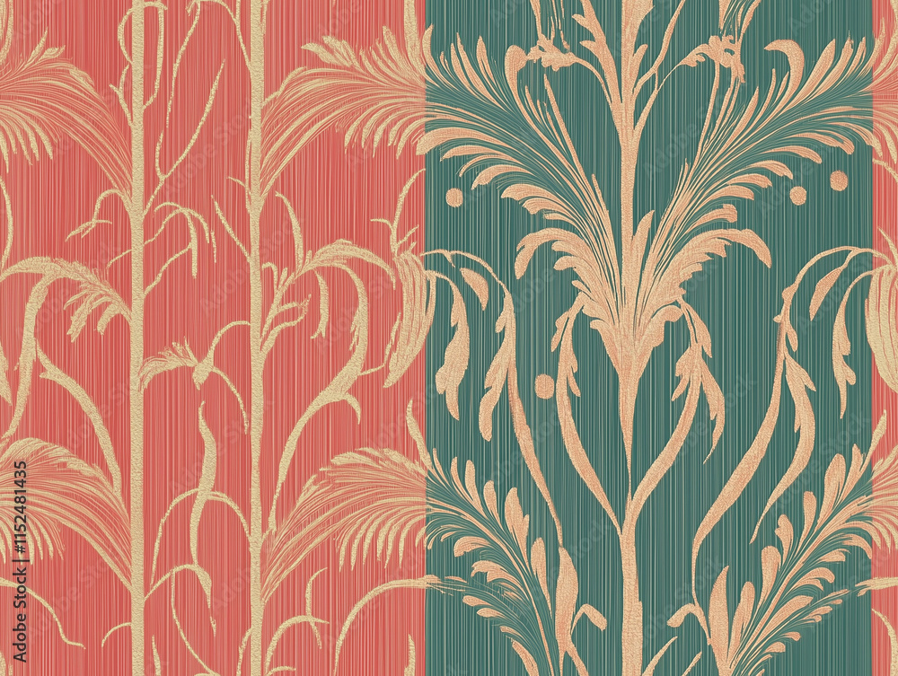 Motif répétitif (seamless pattern) d'un papier peint historique de style art déco avec des ornements baroques rappelant des feuilles ou plumes et des motifs géométriques Motif répétitif (seamless pattern) d'un papier peint historique de style art déco avec des ornements baroques rappelant des feuilles ou plumes et des motifs géométriques