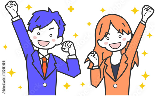 ガッツポーズで手を挙げる男性と女性社員