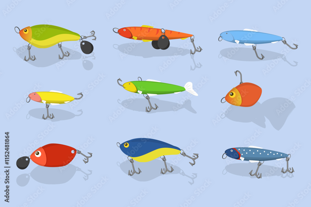 Fototapeta premium 3D Isometric Flat Vector Illustration of Fishing Bait Collection, Fisherman Tackle and Artificial Fishes