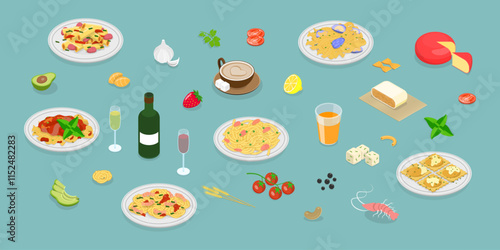 3D Isometric Flat Vector Illustration of Pasta And Wine Collection, Italian Cuisine