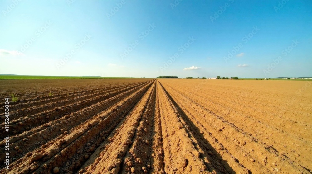 Vast agricultural field prepared for planting, showing parallel furrows in rich brown soil under a clear blue sky, promising a bountiful harvest. Vast agricultural field prepared for planting, showing parallel furrows in rich brown soil under a clear blue sky, promising a bountiful harvest.