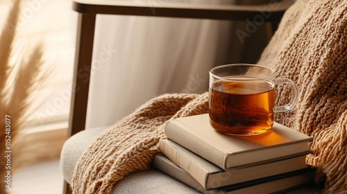 Cozy autumn scene teacup on books resting on a knitted throw in an armchair.