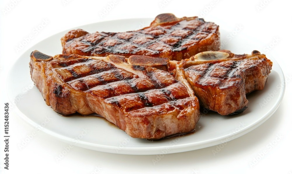 Grilled meat dish is served on a white plate Grilled meat dish is served on a white plate