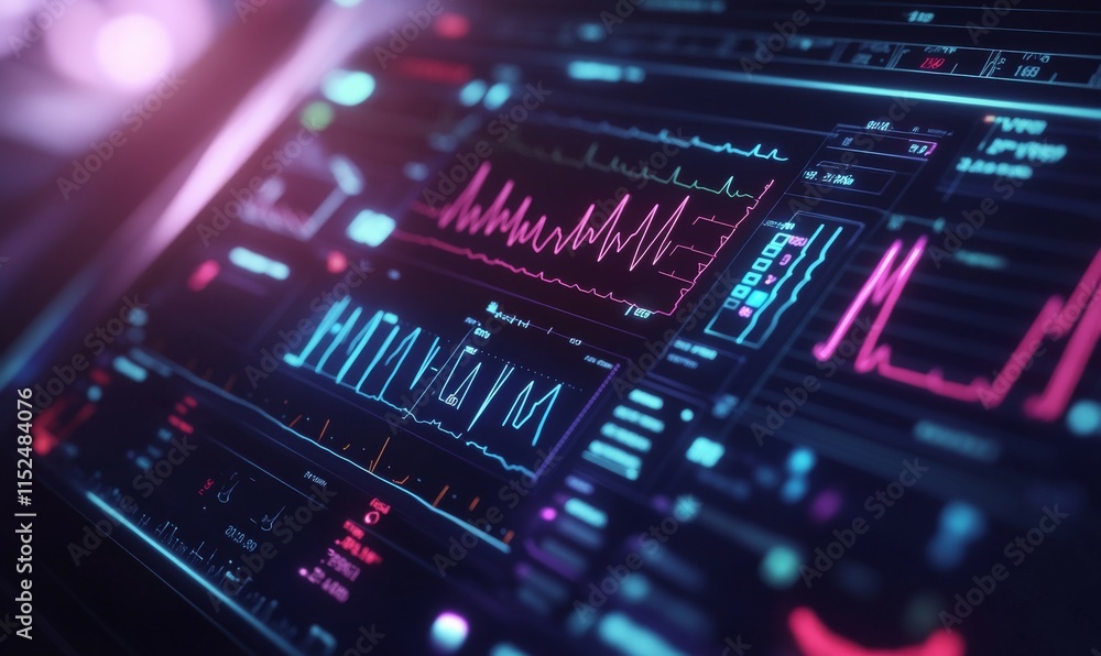 Heart rate monitor screen displaying detailed vitals during a medical procedure, glowing in soft light. Heart rate monitor screen displaying detailed vitals during a medical procedure, glowing in soft light.