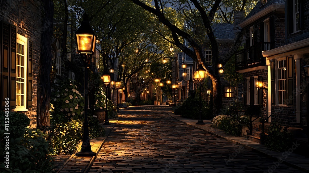Fototapeta premium Cobblestone Street Evening Scene Illuminated By Gas Lamps