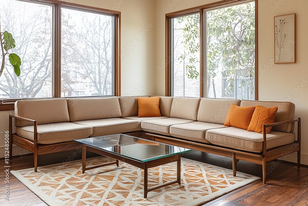 Fototapeta premium Minimalist, mid century modern interior design in the living room with beige sofas and tables. Generative AI 