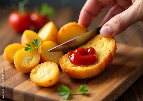 cutting set fried potatoes ketchup remains intact cutting