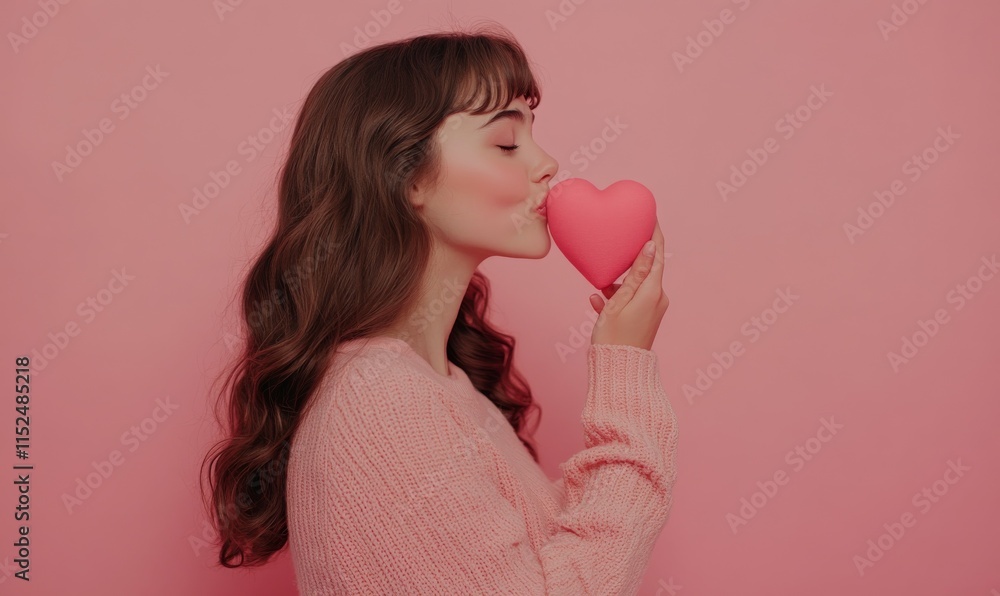 Full length body size side brown haired profile photo of cheerful positive cute pretty nice tender girl sending air kiss to heart held isolated pastel color background Full length body size side brown haired profile photo of cheerful positive cute pretty nice tender girl sending air kiss to heart held isolated pastel color background