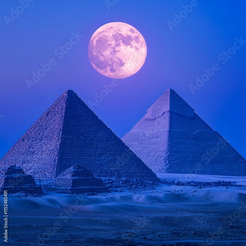 Pyramids of Giza with Full Moon in Twilight Sky