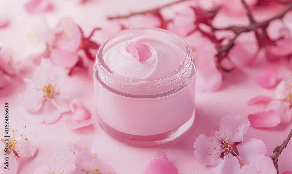 Glass jar with pink cream on a pastel pink background, surrounded by cherry blossoms and petals. Mockup. Glass jar with pink cream on a pastel pink background, surrounded by cherry blossoms and petals. Mockup.