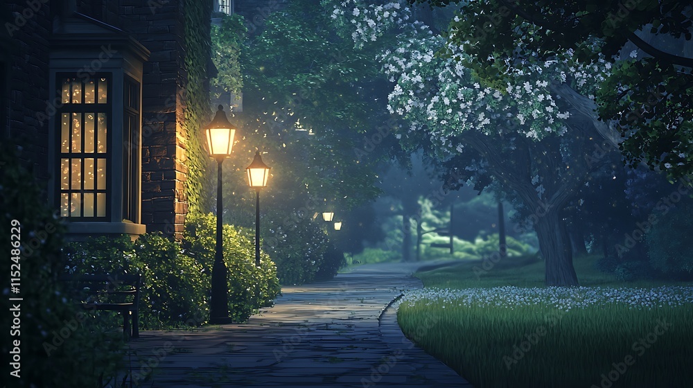 Obraz premium Illuminated Pathway Winding Through A Nighttime Garden