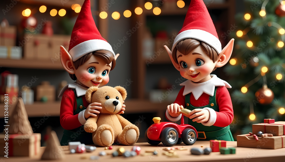Joyful elves crafting toys with teddy bear and toy car in festive workshop
Joyful elves crafting toys with teddy bear and toy car in festive workshop