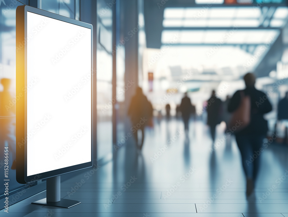 Modern urban environment showcasing a blank advertising display in a busy indoor space during daytime Modern urban environment showcasing a blank advertising display in a busy indoor space during daytime