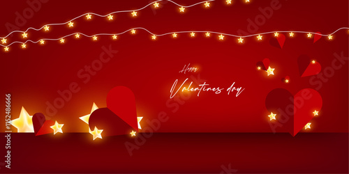 glowing star light  vector heart on red background for valentine day