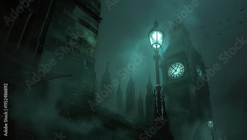 Mysterious, foggy night scene. A lone lamp illuminates an old clock tower, creating a dark, atmospheric mood. Birds fly overhead.