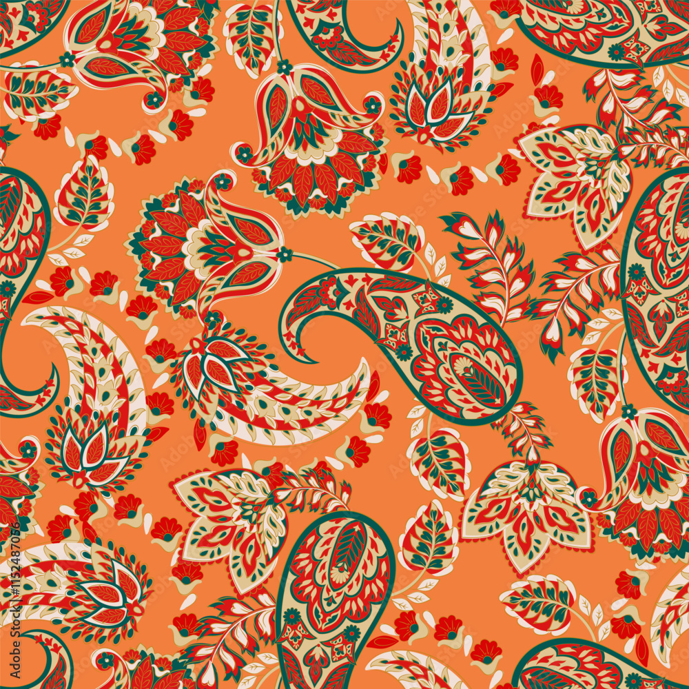 Fototapeta premium Hand drawn floral paisley seamless vector pattern. Batik style fabric