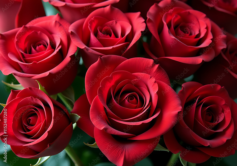 Fototapeta premium luxurious red roses cut frame full bloom soft petals green