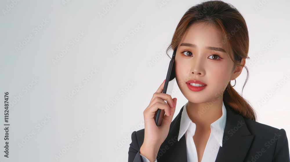 A focused female professional in formal attire uses her mobile phone for a work call in a modern office setting. A focused female professional in formal attire uses her mobile phone for a work call in a modern office setting.