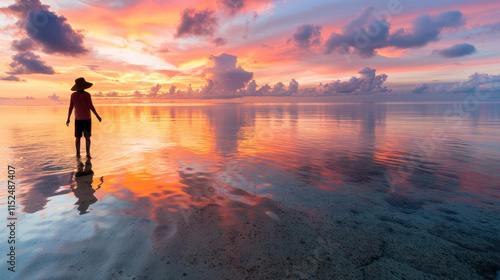 A vibrant silhouette of a man in a hat stands serenely in shallow waters, mirroring a stunning, moody sky at dusk.