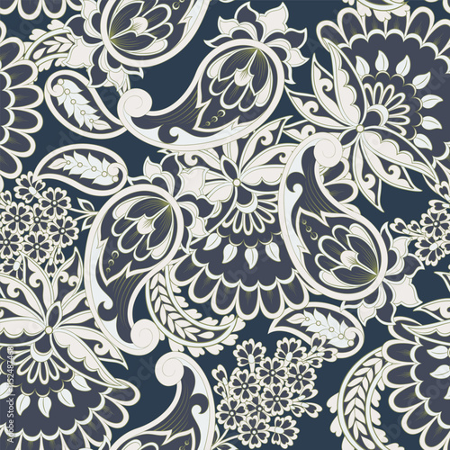 Madhubani, kalamkari, kani seamless pattern. Vector Ajrakh Ikat print patola. Background digital printing textile pattern floral allover design