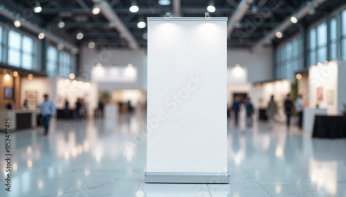 Blank roll-up banner in spacious exhibition hall