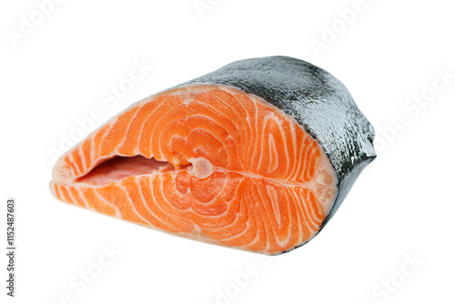 Fresh raw salmon or trout steak isolated on white, transparent background. Sliced fish meat fillet close up, seafood, heathy vegetarian food, cooking ingredient photo