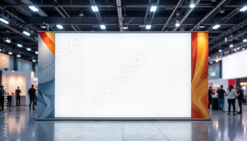 Blank trade show banner with colorful sides in exhibition hall