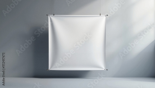Blank white banner hanging against gray wall mockup