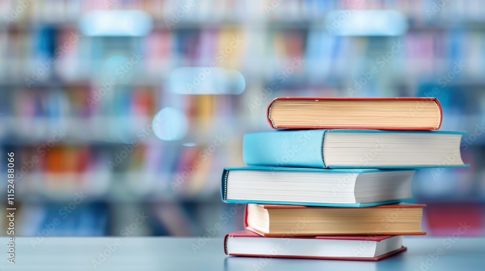 A stack of books rests on a table, with a blurred library backdrop, capturing the essence of knowledge and learning. A stack of books rests on a table, with a blurred library backdrop, capturing the essence of knowledge and learning.