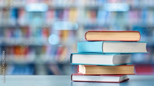 A stack of books rests on a table, with a blurred library backdrop, capturing the essence of knowledge and learning. photo