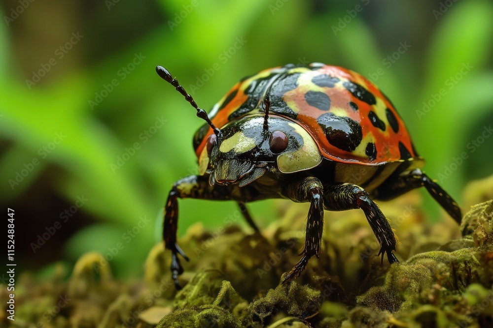 Naklejka premium Brightly colored ladybug resting on moss in a lush green environment