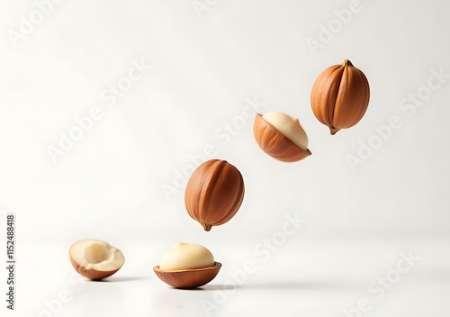 purely brown hazelnuts flying air clean white photo